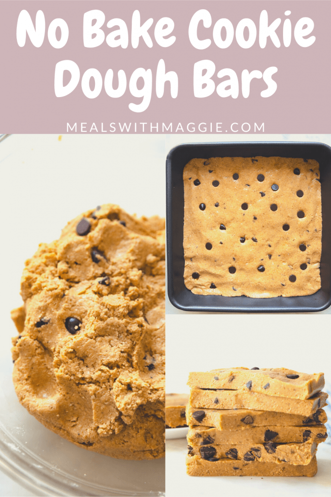 Text above images with cookie dough bars and ingredients for step by step.