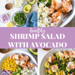 shrimp salad with avocado in bowls and text in the middle.