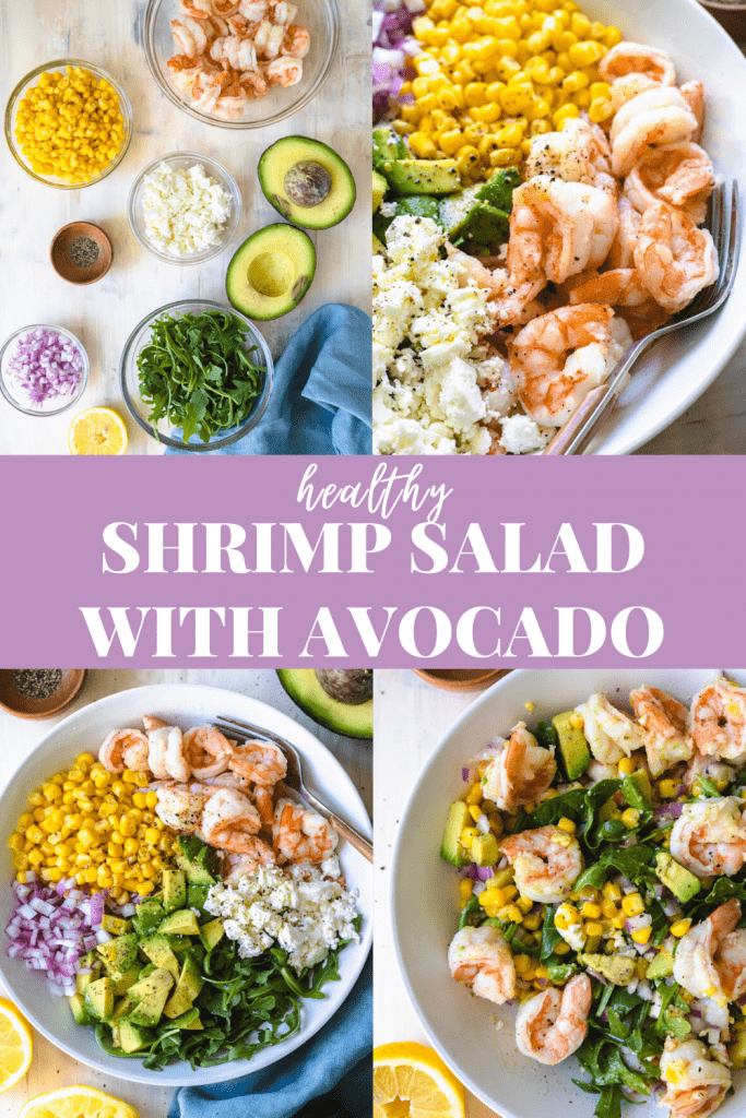 healthy shrimp salad with avocado in a bowl with text in the middle.