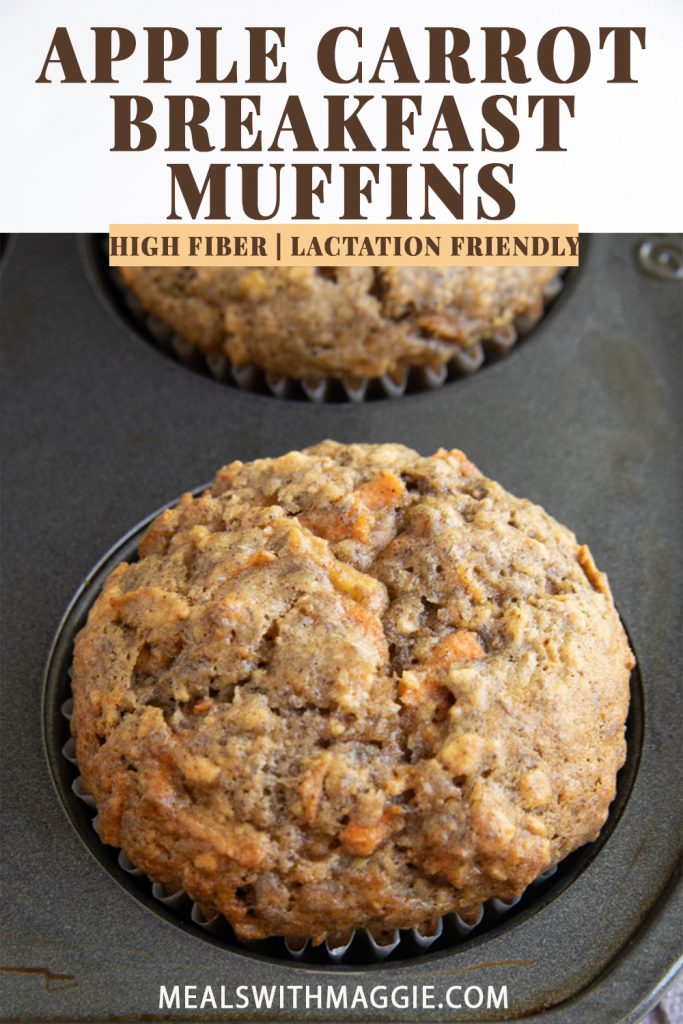 a cooked carrot apple breakfast muffin in a muffin tin. 