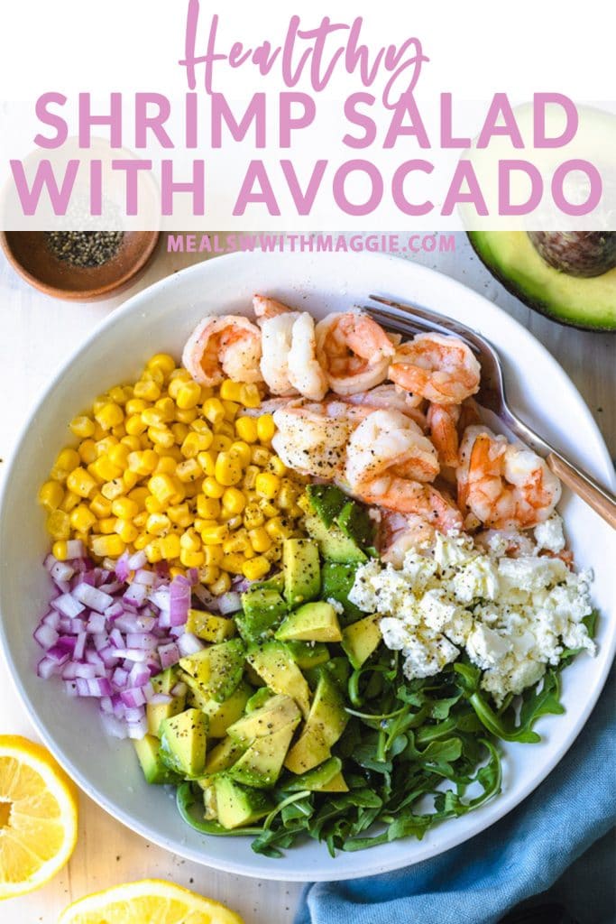 shrimp salad with avocado in a bowl with text above it. 