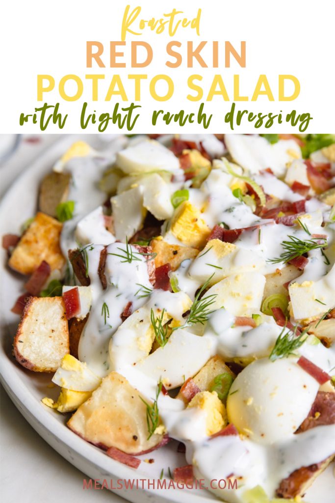 red skin potato salad on a plate with dressing and text above it. 