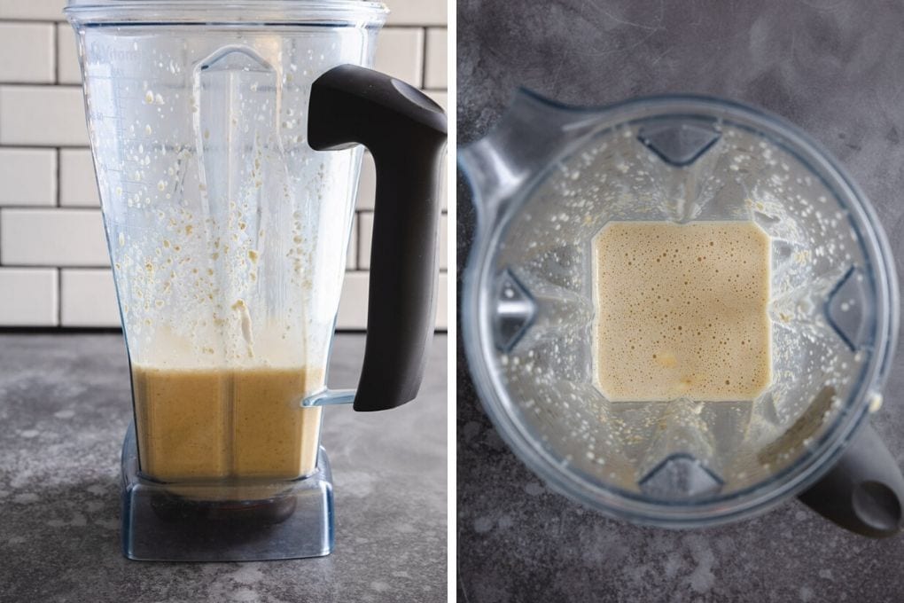 side by side picture of blender with batter in it. 