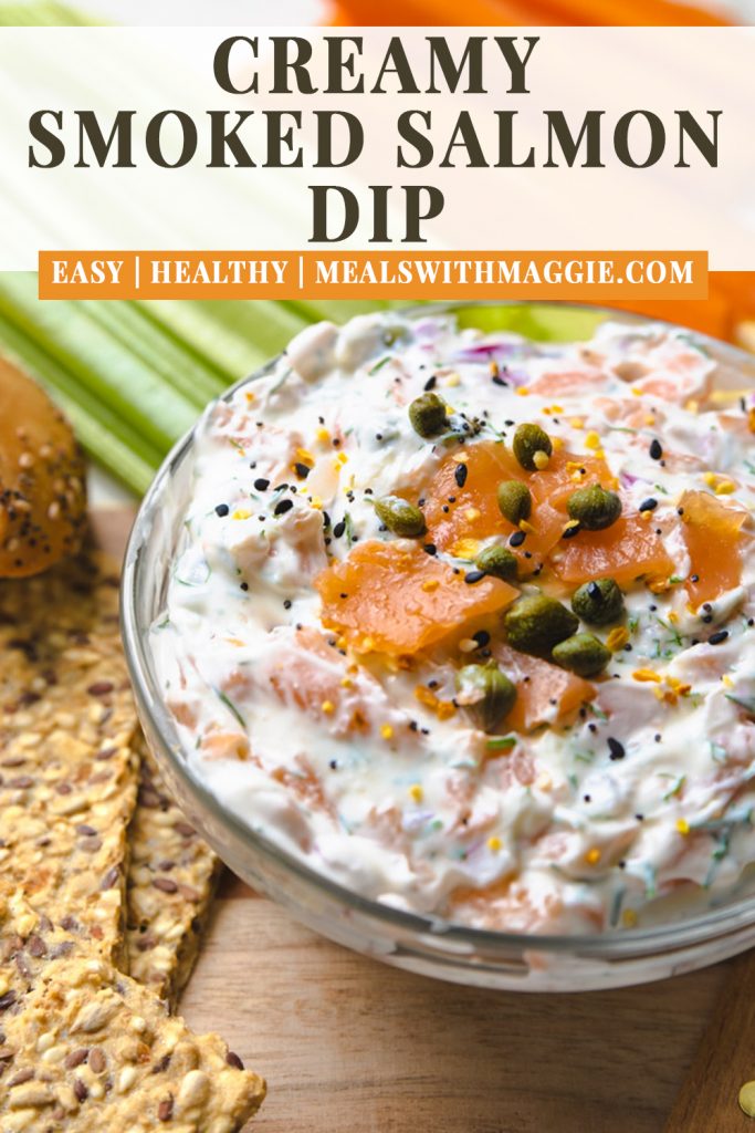 creamy smoked salmon dip with cream cheese and yogurt in a bowl with capers. 