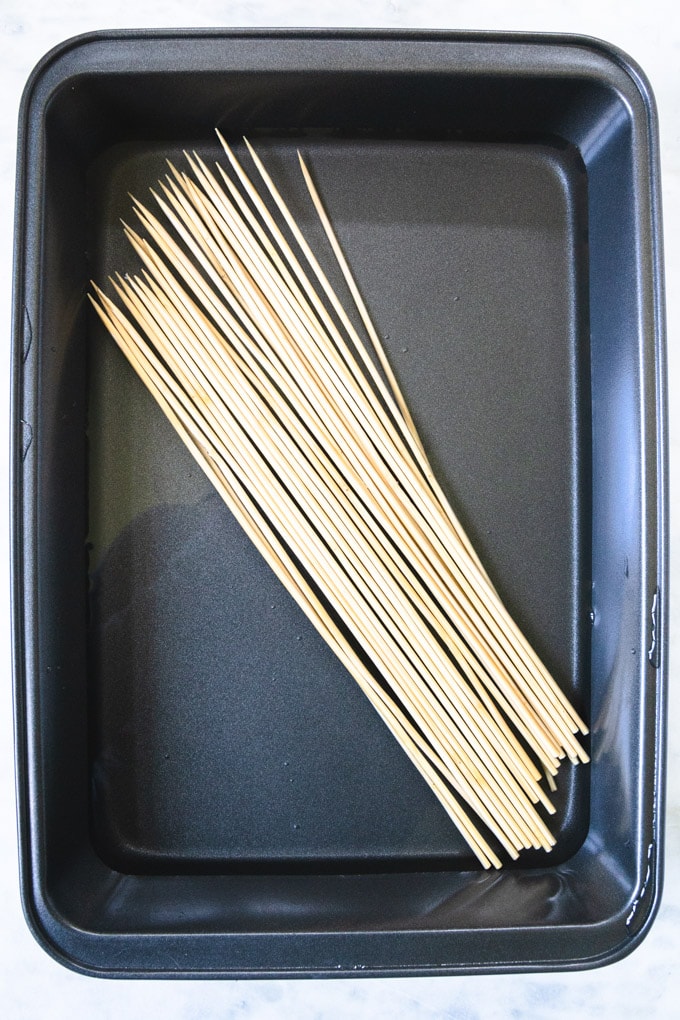 wooden skewers soaking in water. 