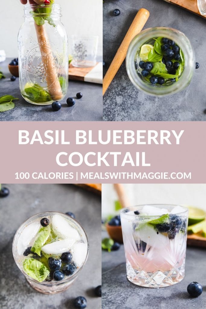 blueberries in a mason jar with alcohol and basil. 