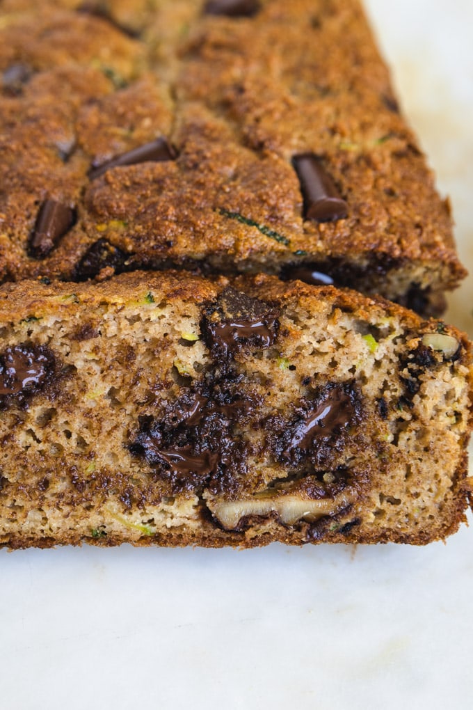 Bread with chocolate chips cut into slices.