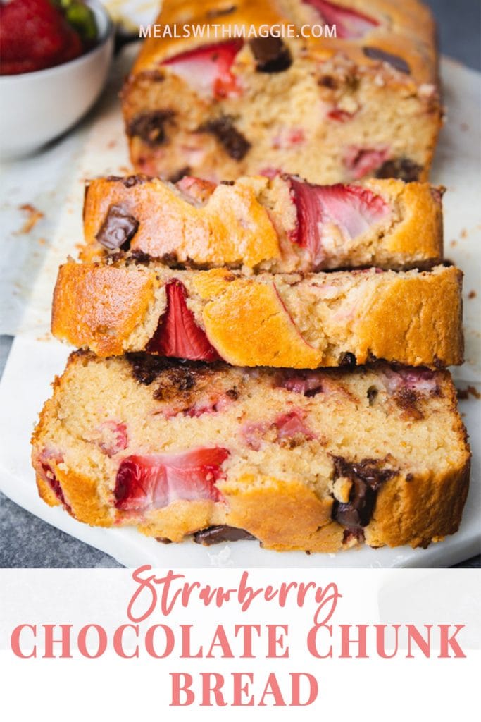 Bread cut up into chunks with strawberries and chocolate.