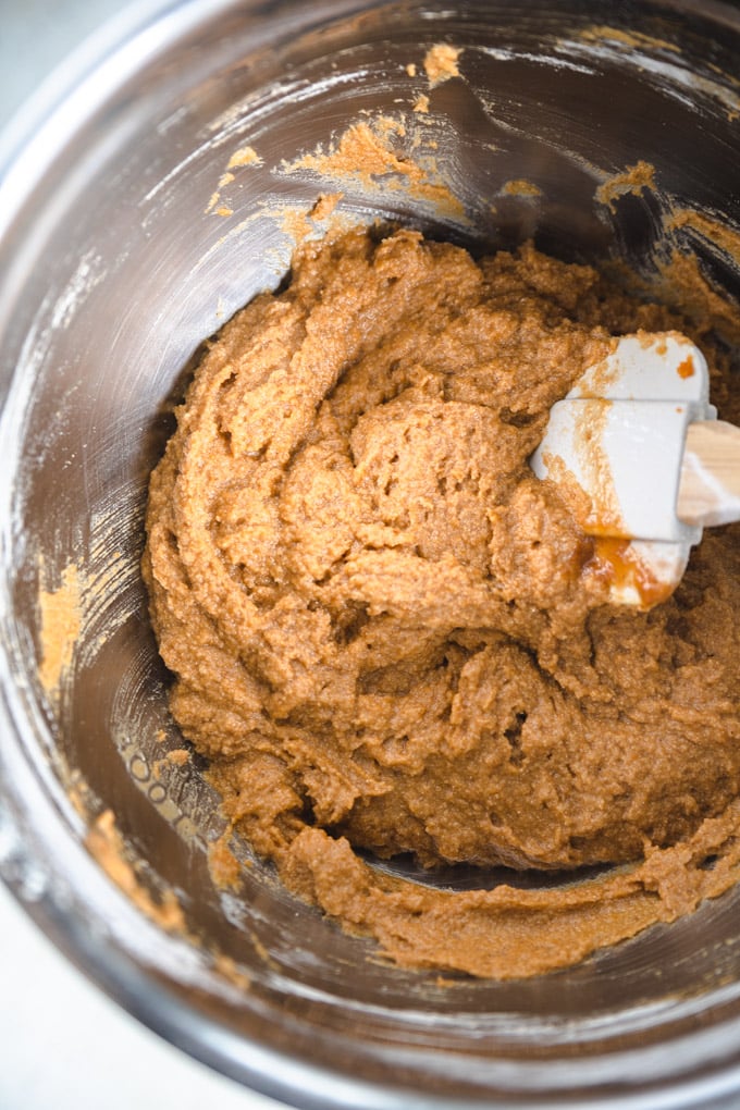 Batter in a bowl with a spatula.