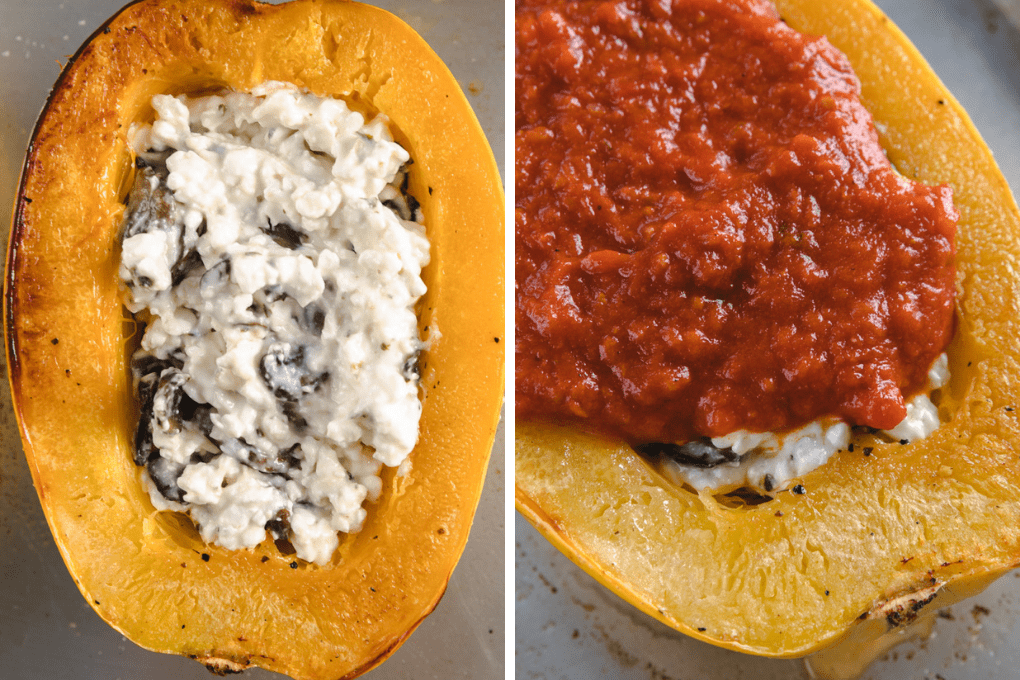 side by side picture of spaghetti squash being filled with stuffing.