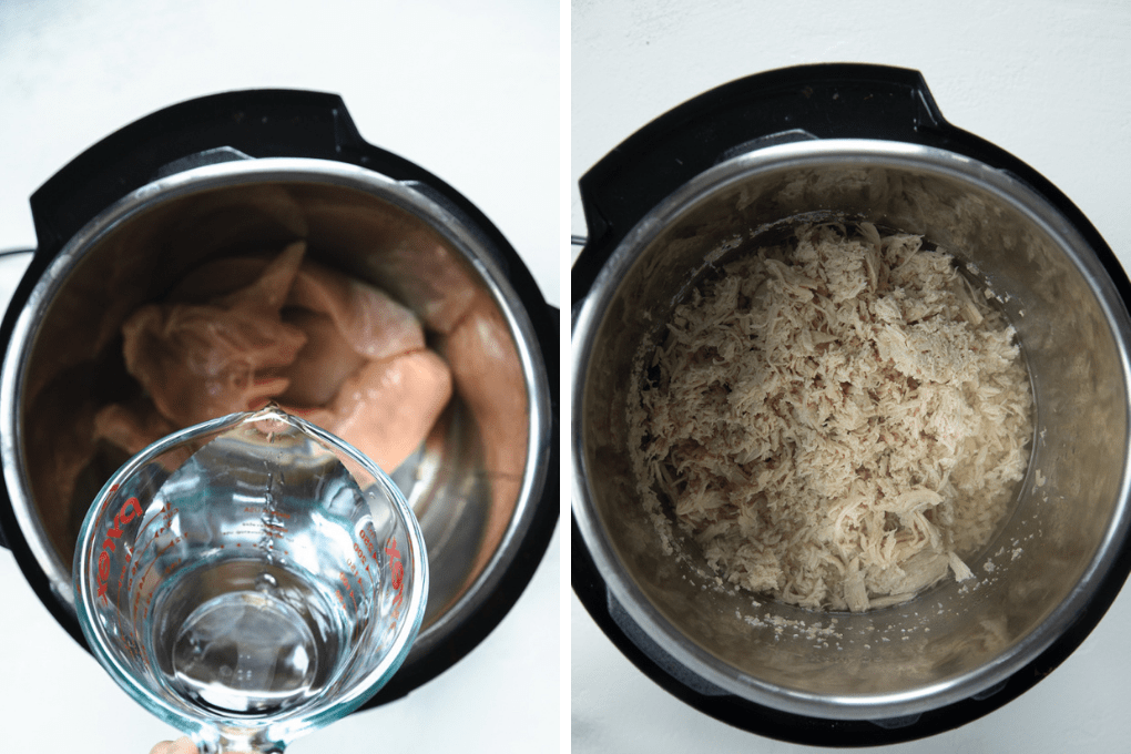 water and chicken inside of the instant pot.