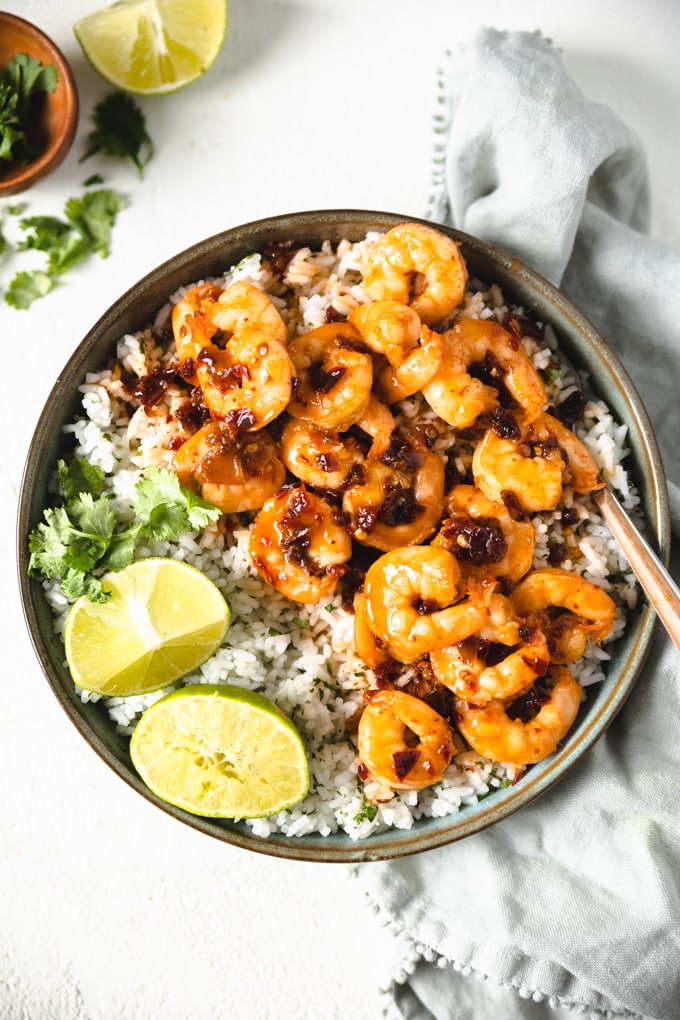 Chipotle pepper shrimp with honey and lime in a bowl with rice.