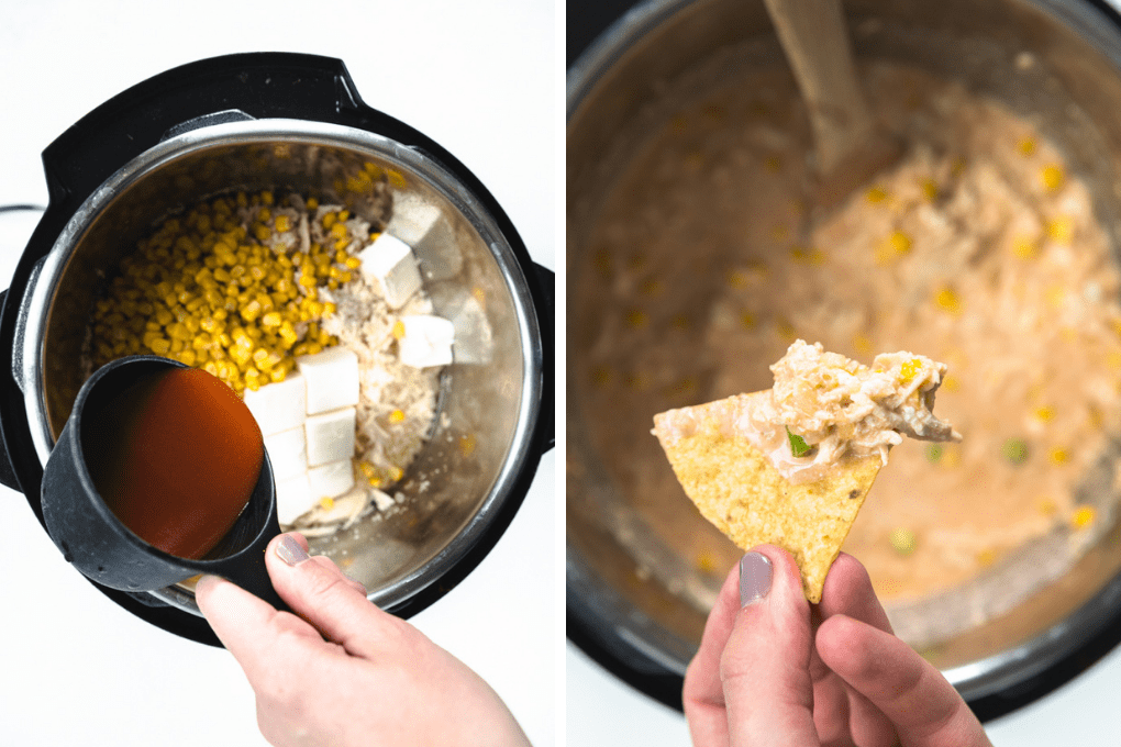 inside of an instant pot with ingredients and a wooden spoon.