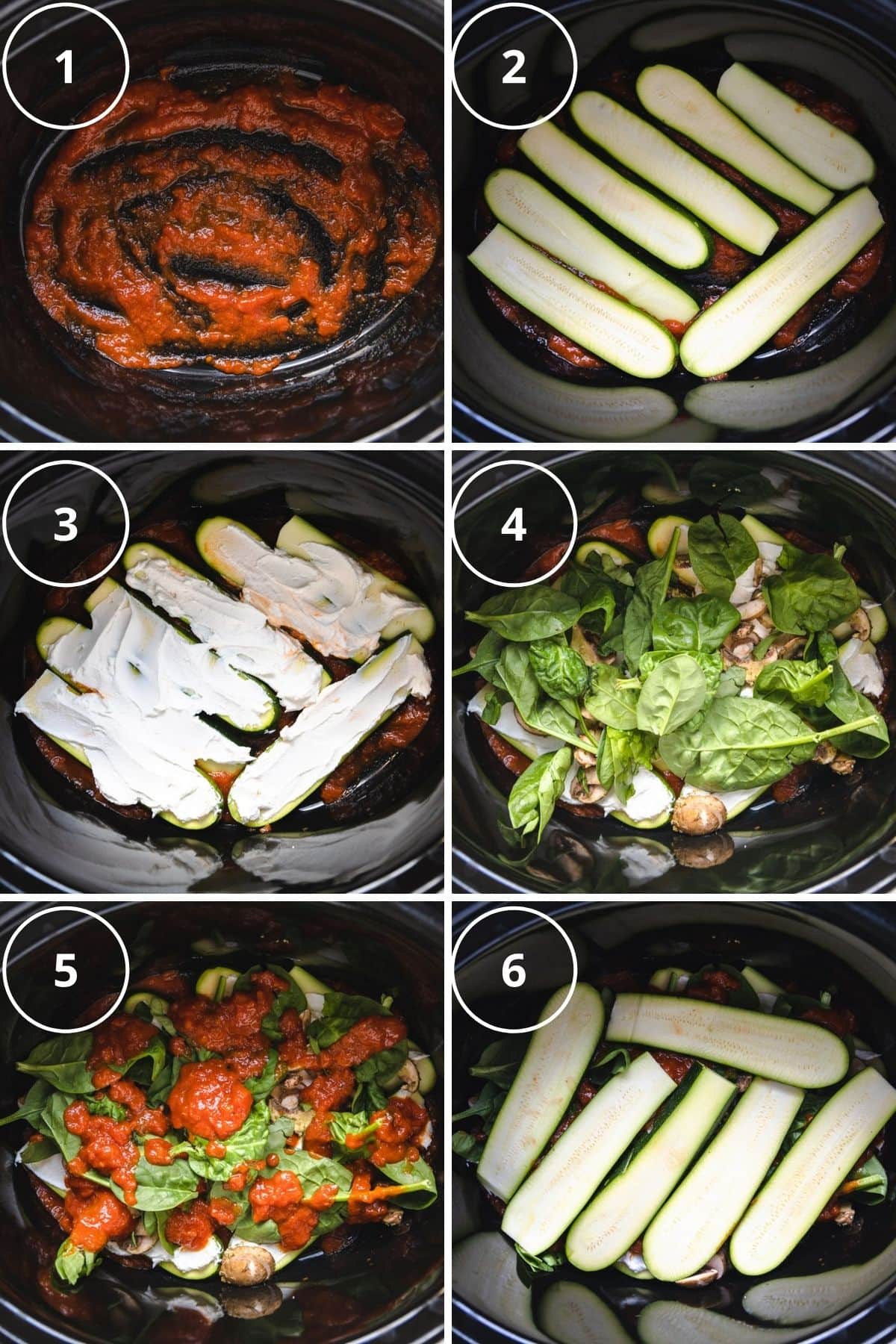 Numbered pictured steps for assembling the layers of the crockpot lasagna. 