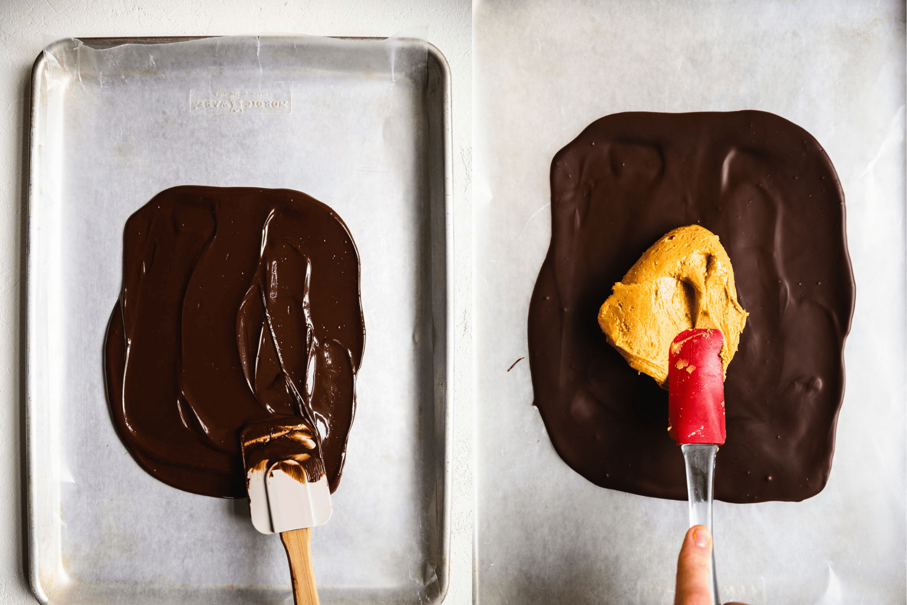 side by side image of chocolate on a baking sheet with peanut butter layer next to it.