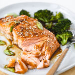 flaked apart salmon on a plate with broccoli.