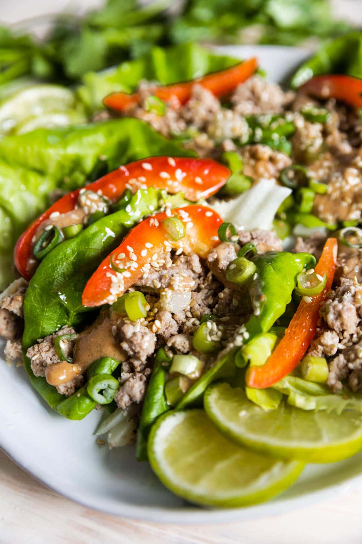 Up close image of inside a lettuce wrap with ground turkey, bell pepper, peanut sauce and onions.